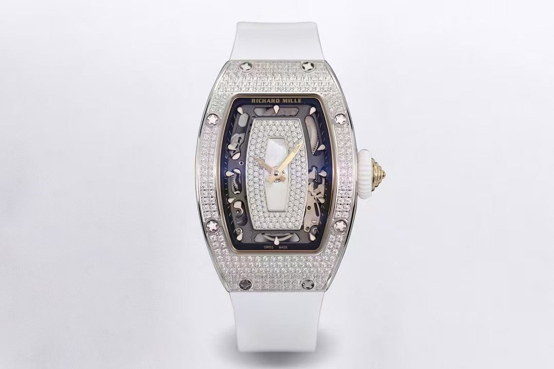 RM07-01 Ladies 31.5mm Mop Full Square Diamonds Case on White Rubber ZF CRMA2