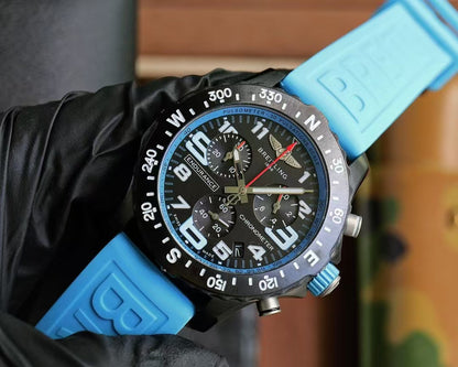 Professional Chronograph PVD Black Dial On Blue Strap Swiss Quartz