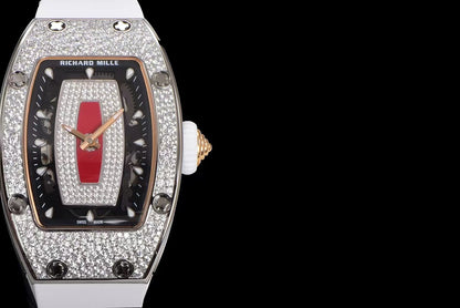 RM07-01 Ladies 31.5mm Red Full Square Diamonds Case on Black Rubber ZF CRMA2