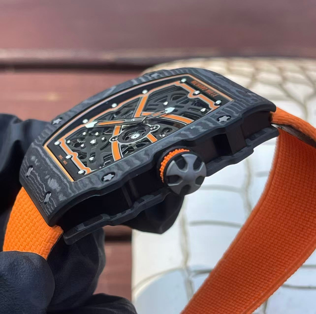 RM67-02 McLaren Black NTPT Skeleton Dial on Orange Elastic Strap AVF V2 CRMA7