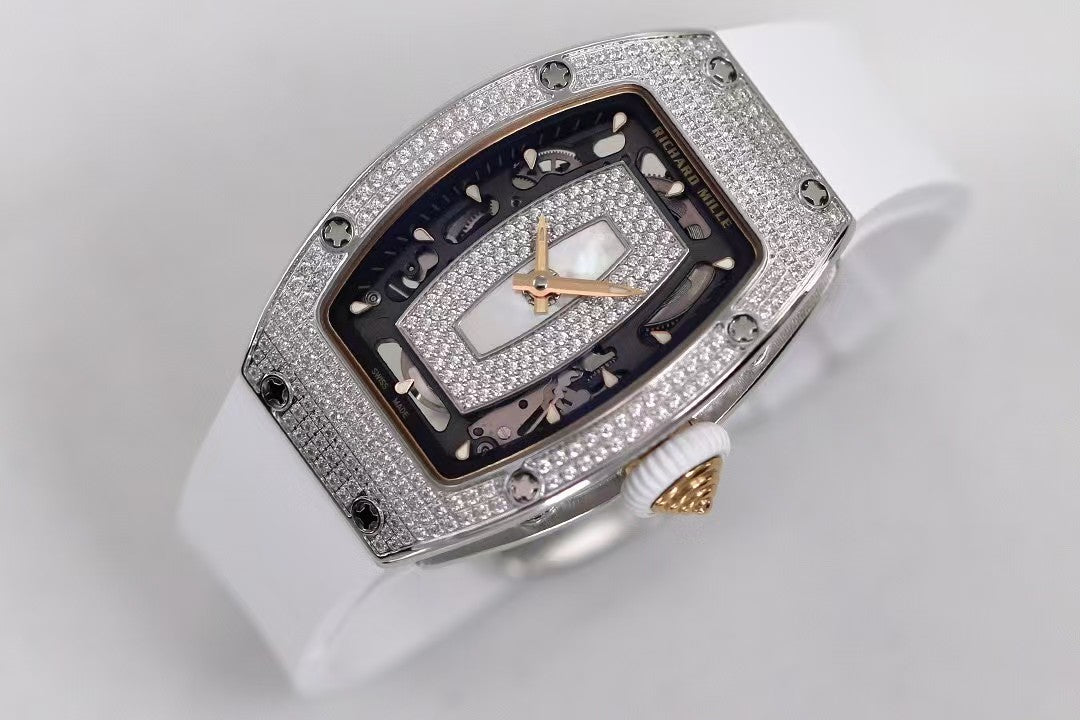 RM07-01 Ladies 31.5mm Mop Full Square Diamonds Case on White Rubber ZF CRMA2