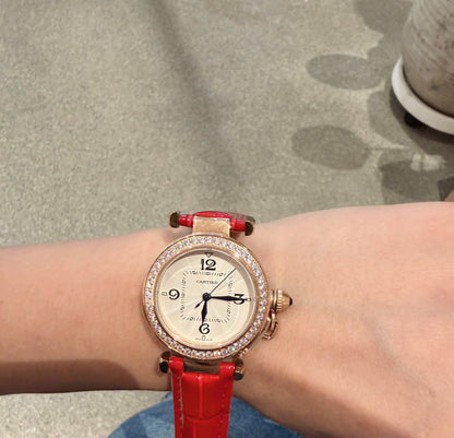 Pasha De Cartier Ladies 30mm Dia Red RG/LE White Dial AF Quartz