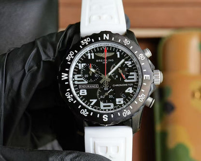 Professional Chronograph PVD Black Dial On White Strap Swiss Quartz