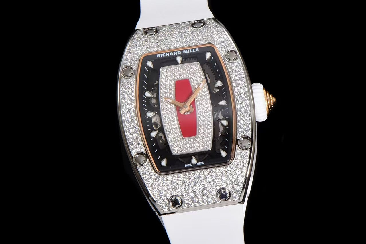 RM07-01 Ladies 31.5mm Red Full Square Diamonds Case on Black Rubber ZF CRMA2