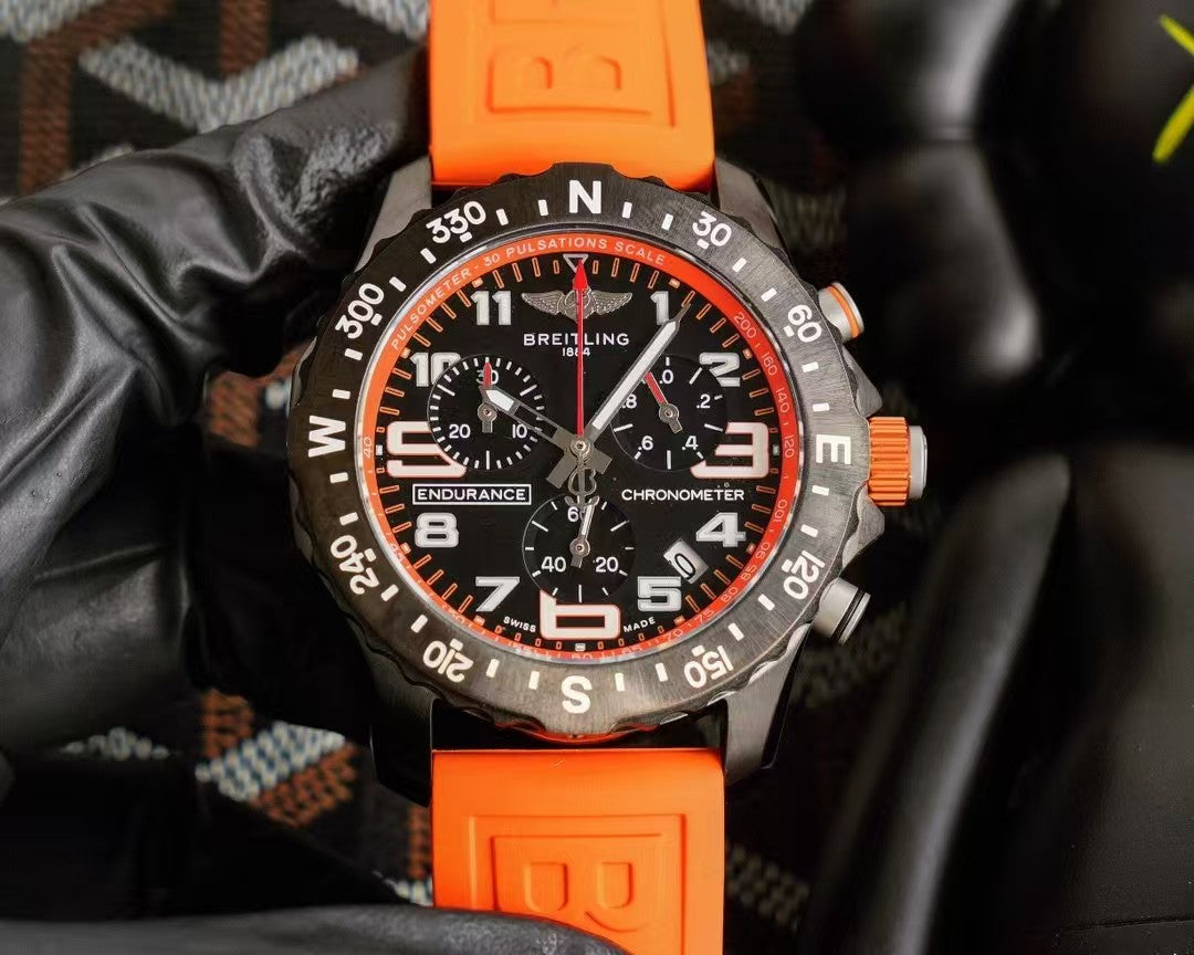 Professional Chronograph PVD Black Dial On Orange Strap Swiss Quartz