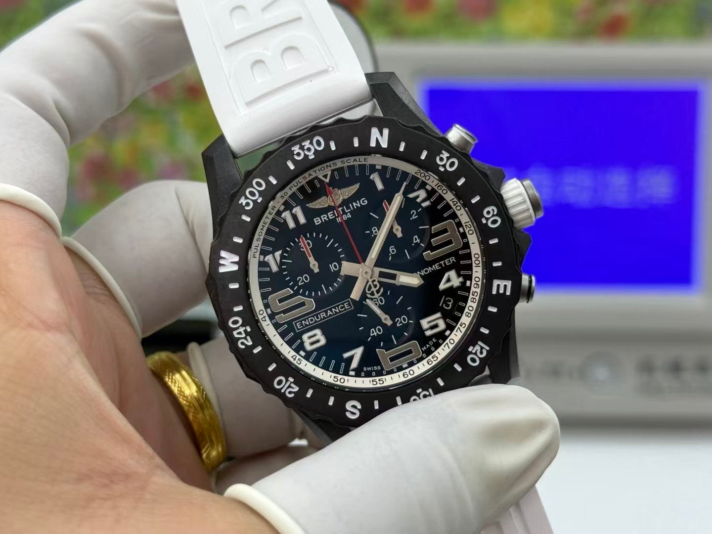 Professional Chronograph PVD Black Dial On White Strap Swiss Quartz
