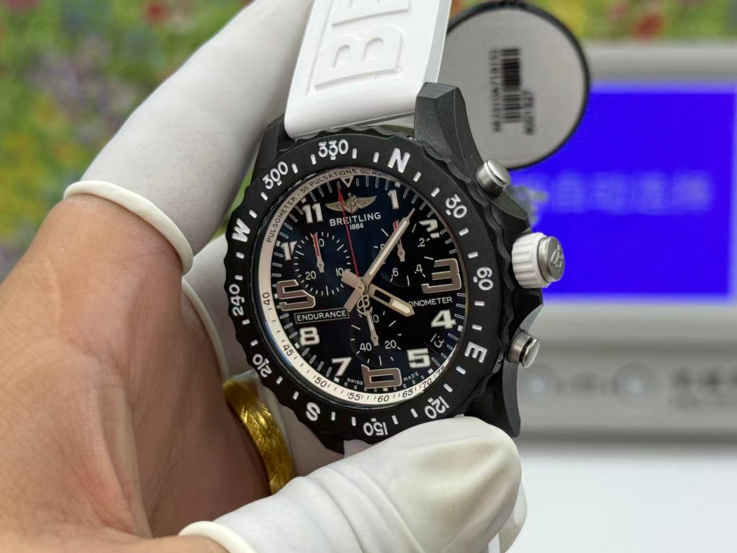 Professional Chronograph PVD Black Dial On White Strap Swiss Quartz