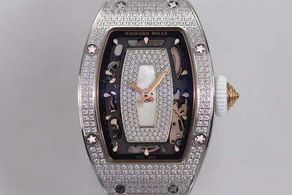 RM07-01 Ladies 31.5mm Mop Full Square Diamonds Case on White Rubber ZF CRMA2
