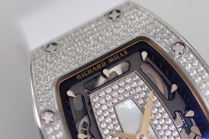 RM07-01 Ladies 31.5mm Mop Full Square Diamonds Case on White Rubber ZF CRMA2
