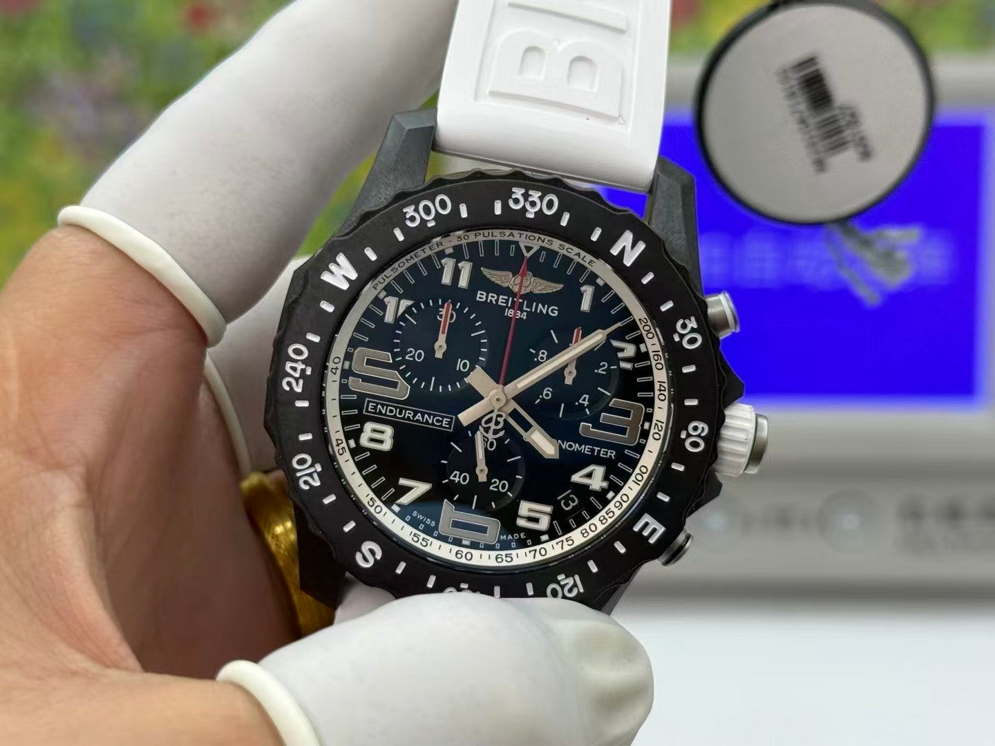 Professional Chronograph PVD Black Dial On White Strap Swiss Quartz