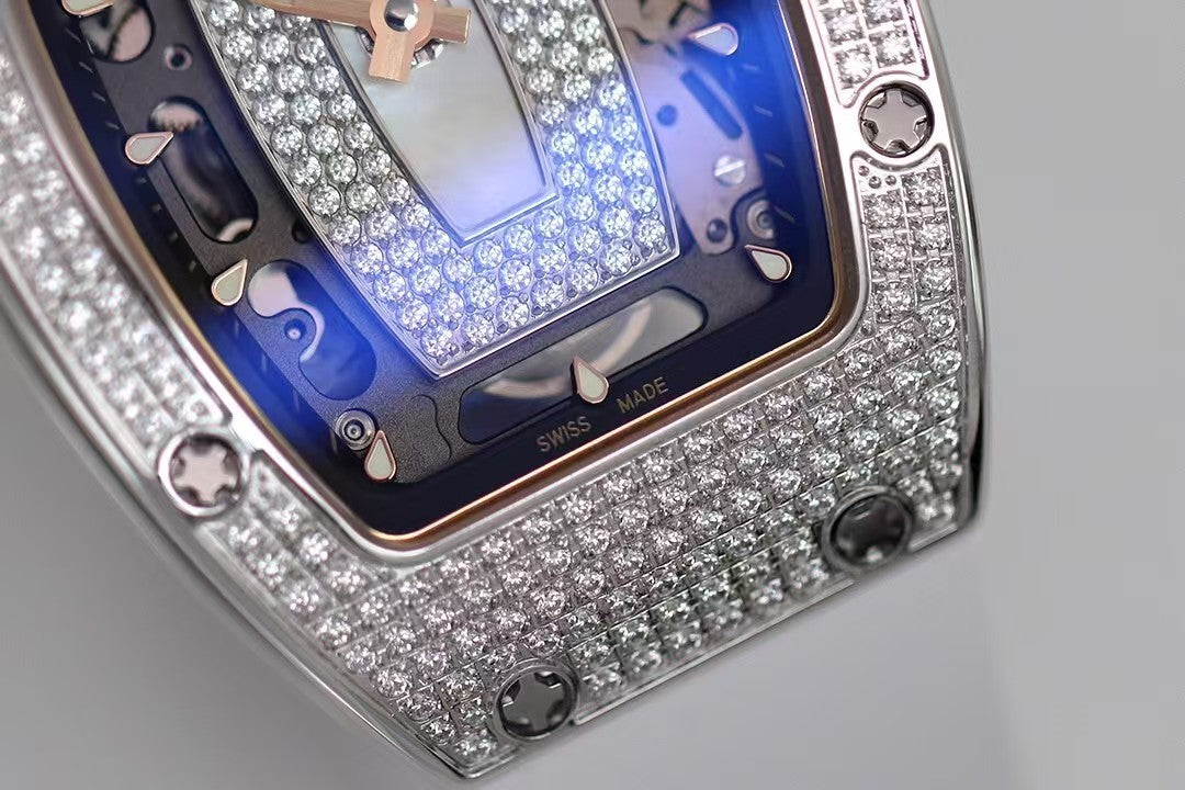 RM07-01 Ladies 31.5mm Mop Full Square Diamonds Case on White Rubber ZF CRMA2