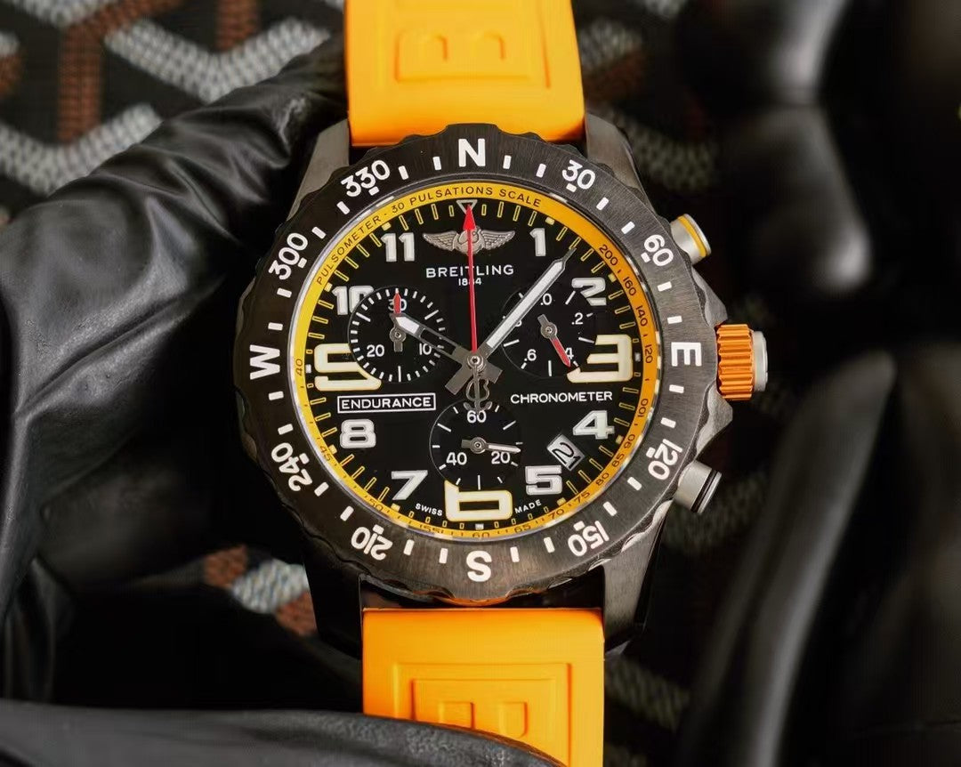 Professional Chronograph PVD Black Dial On Orange Strap Swiss Quartz