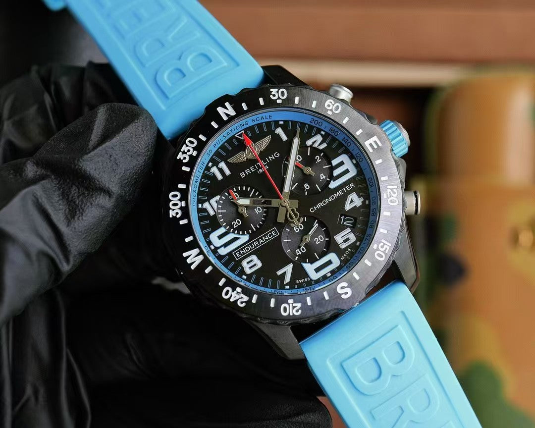 Professional Chronograph PVD Black Dial On Blue Strap Swiss Quartz