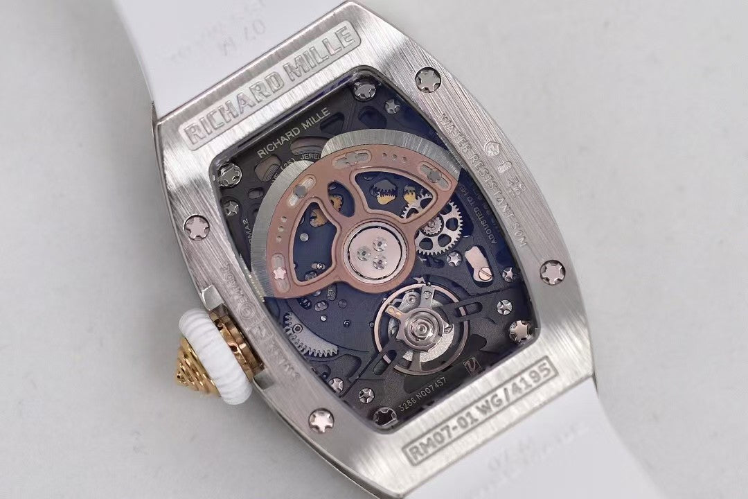 RM07-01 Ladies 31.5mm Mop Full Square Diamonds Case on White Rubber ZF CRMA2