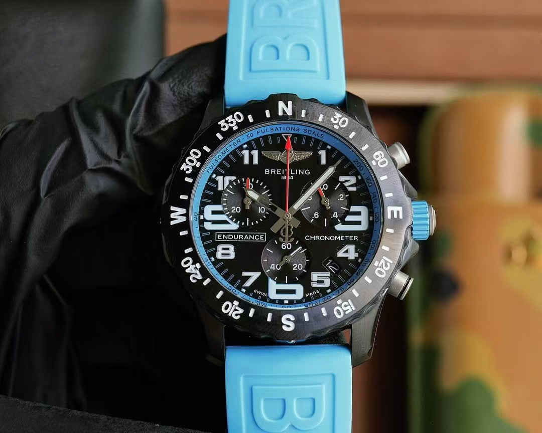 Professional Chronograph PVD Black Dial On Blue Strap Swiss Quartz