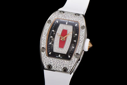 RM07-01 Ladies 31.5mm Red Full Square Diamonds Case on Black Rubber ZF CRMA2
