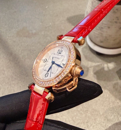 Pasha De Cartier Ladies 30mm Dia Red RG/LE White Dial AF Quartz