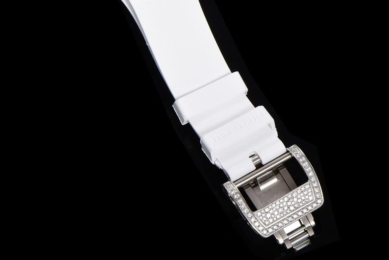 RM07-01 Ladies 31.5mm Red Full Square Diamonds Case on Black Rubber ZF CRMA2