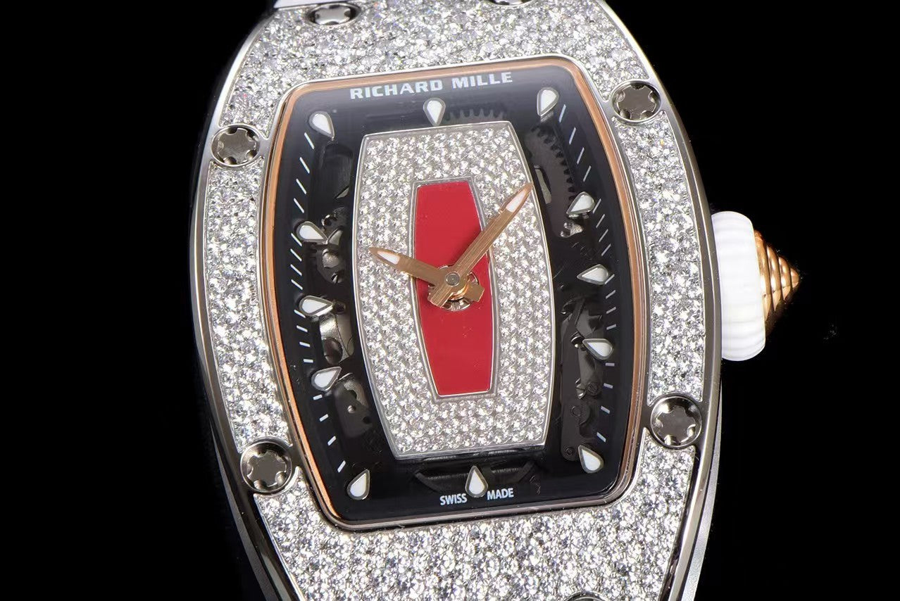 RM07-01 Ladies 31.5mm Red Full Square Diamonds Case on Black Rubber ZF CRMA2