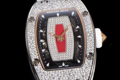 RM07-01 Ladies 31.5mm Red Full Square Diamonds Case on Black Rubber ZF CRMA2