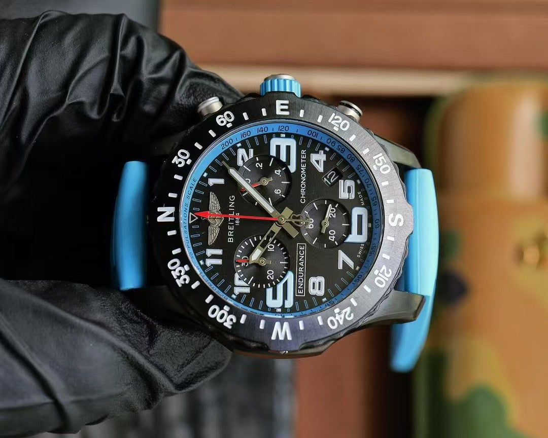 Professional Chronograph PVD Black Dial On Blue Strap Swiss Quartz