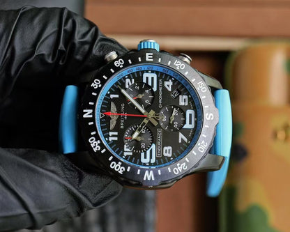 Professional Chronograph PVD Black Dial On Blue Strap Swiss Quartz