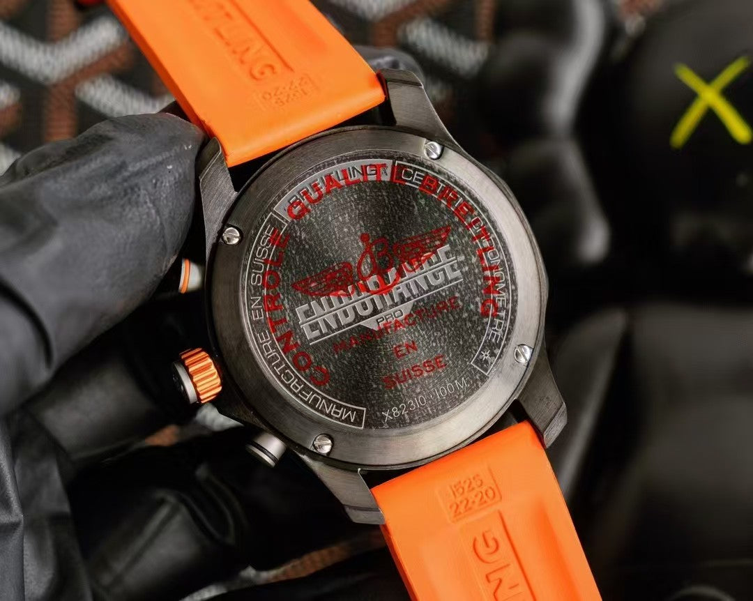 Professional Chronograph PVD Black Dial On Orange Strap Swiss Quartz